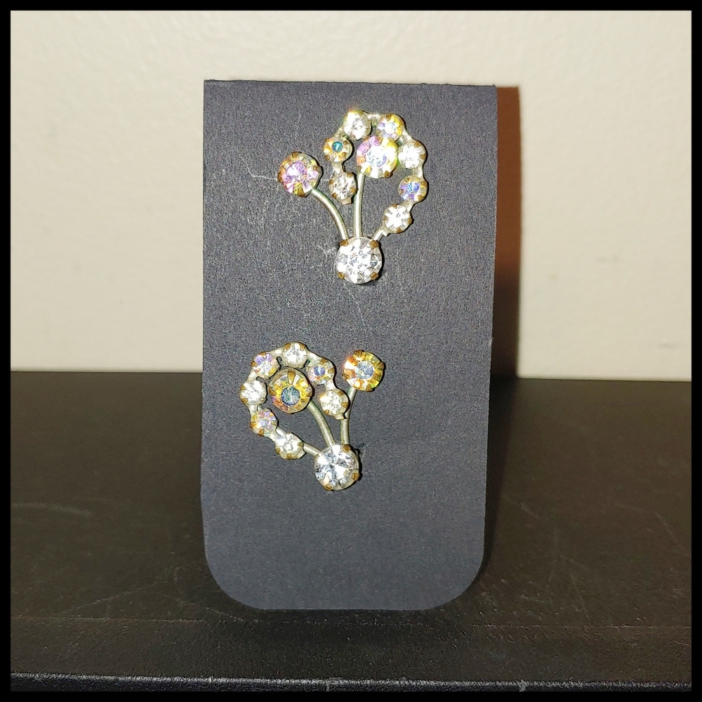 Vintage Aurora Borealis Rhinestone Flower Earrings, marked - Picture 1 of 4